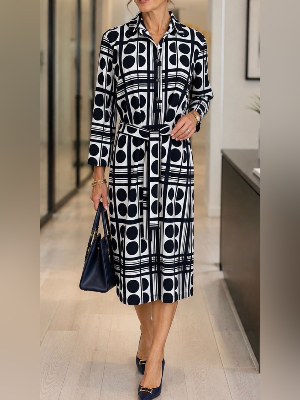 Joseph Ribkoff Navy and White Geometric Dress with Belt